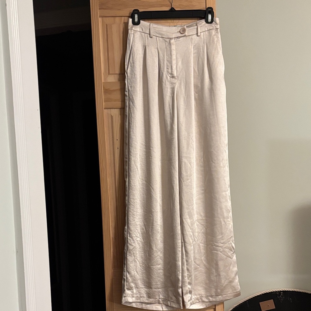 Wide Leg Cream Satin Pants
